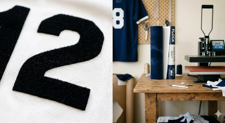 flock vinyl applied to dark cotton shirts showing raised velvet texture