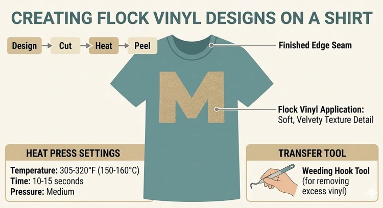 infographic showing step-by-step flock vinyl cutting weeding and pressing process for shirts