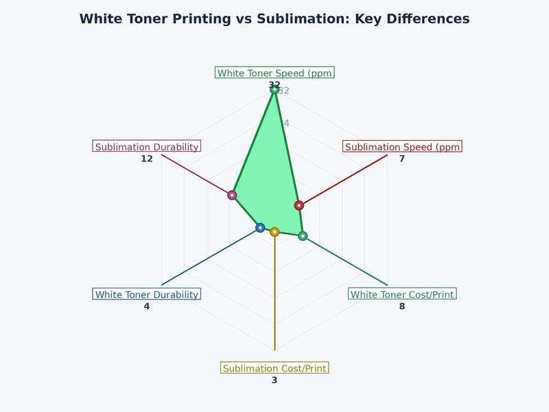 bar chart comparing startup costs substrate range and durability for white toner printing vs sublimation printing