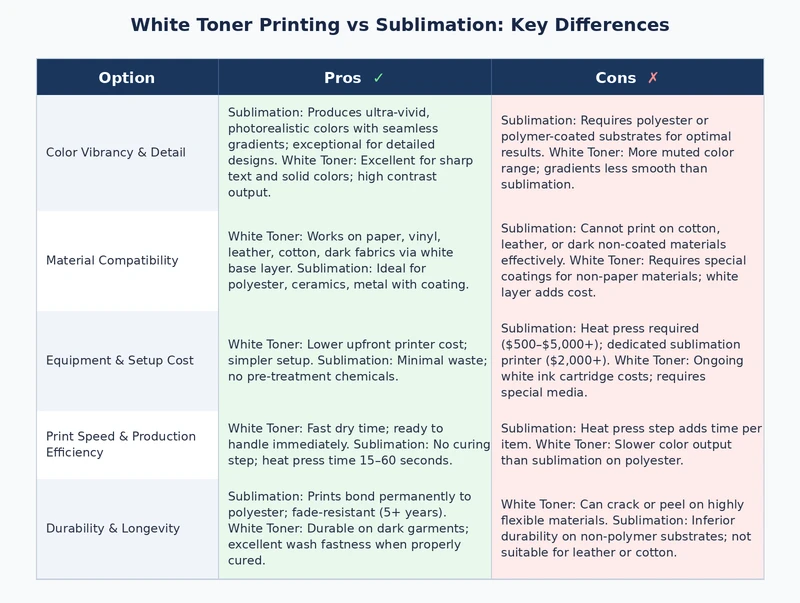 side by side comparison chart of white toner printing vs sublimation across durability startup cost and fabric compatibility