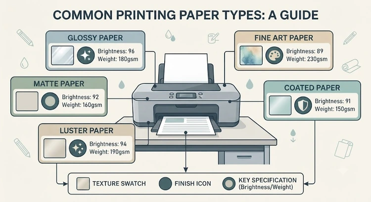 infographic showing photo paper types, finishes, and best uses for home printing