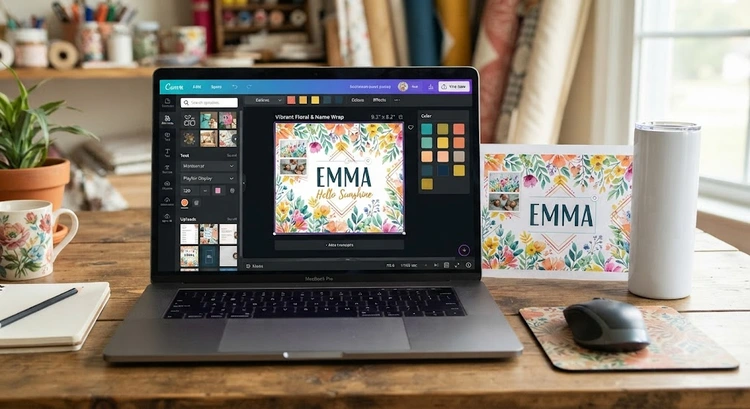 Canva design workspace configured for a sublimation mug wrap with custom canvas dimensions