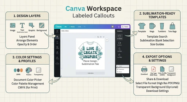 Infographic showing the complete Canva sublimation design workflow from canvas setup to print-ready export