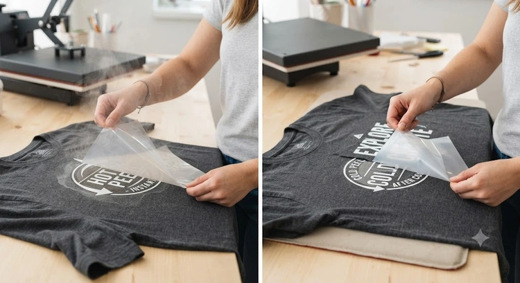 Cold peel vs hot peel transfers applied side by side on cotton garments showing finish difference