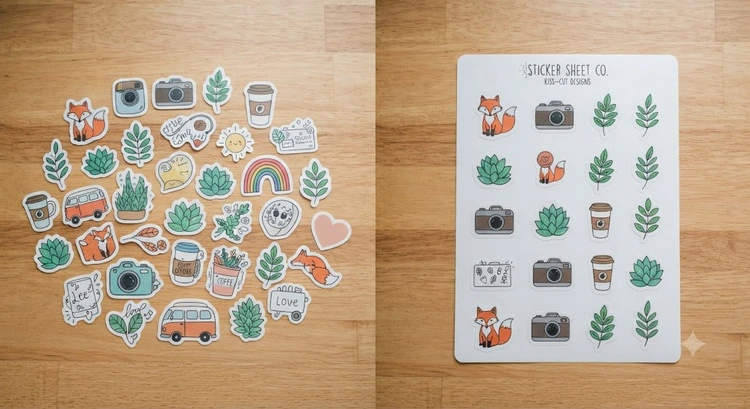 Die cut vs kiss cut stickers comparison showing individually separated shapes versus a continuous backing sheet