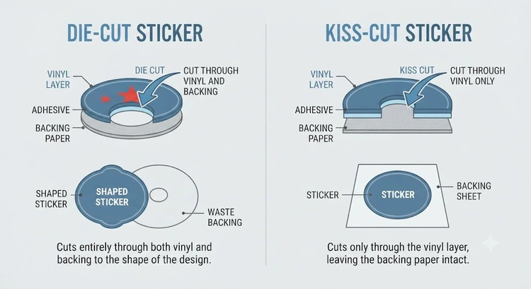 Infographic summarizing die cut vs kiss cut sticker differences in production method cost and best use cases