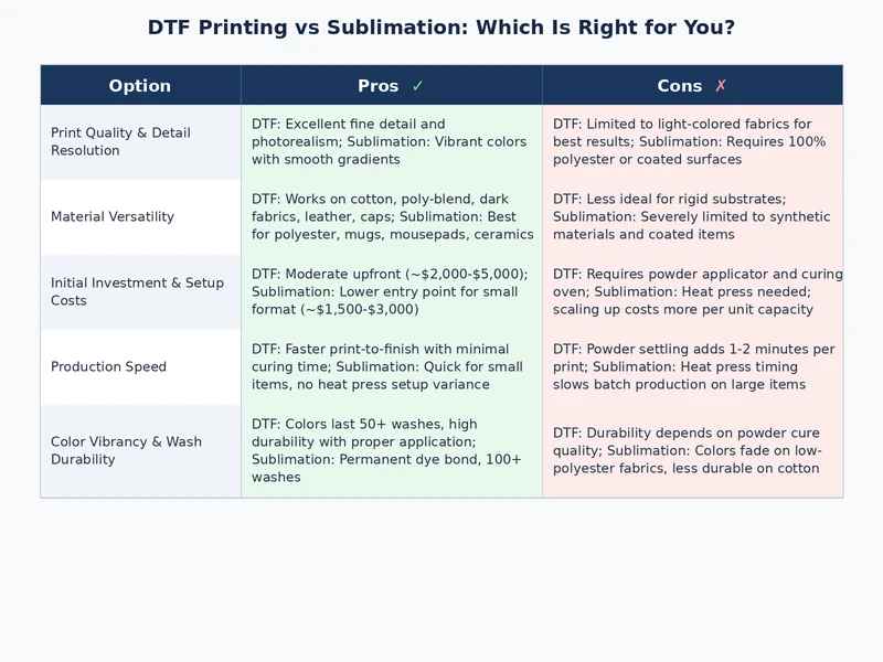 Infographic comparing DTF printing vs sublimation workflow steps, substrate requirements, and key decision points