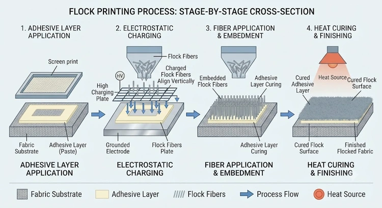 Infographic illustrating the flock printing on t-shirts process from cutting and weeding through heat press application and cold peel