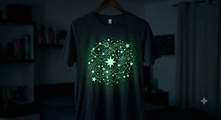 Glow in the dark heat transfer vinyl applied to a black t-shirt showing bright green glow effect in low light