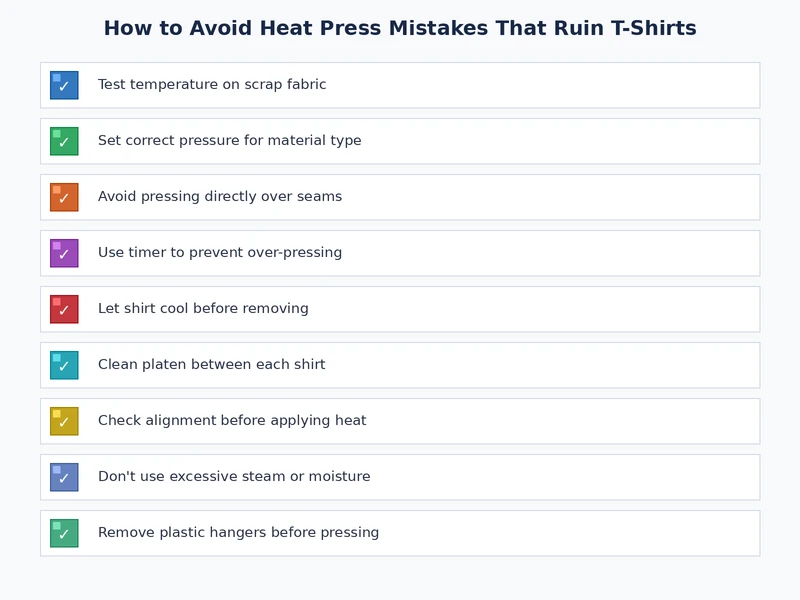 Heat press setup checklist showing steps to avoid common pressing mistakes
