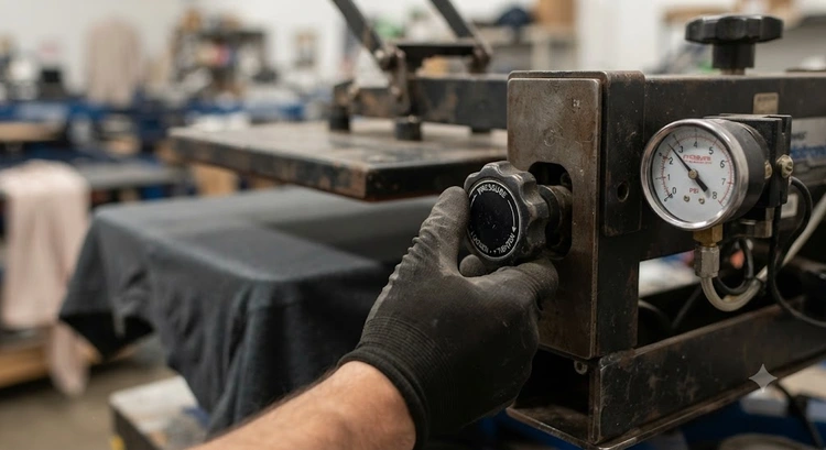 Heat press pressure settings dial and platen contact on a professional swing-away press
