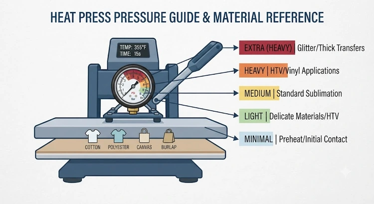 Infographic summarizing heat press pressure settings by substrate type and common pressure-related failure modes