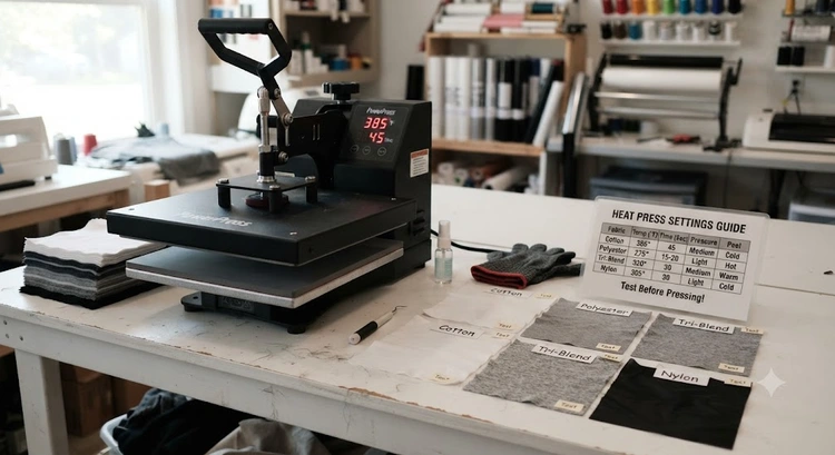 heat press temperature settings guide showing temperature pressure and dwell time for different fabric types