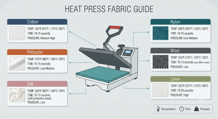 infographic summarizing heat press temperature settings pressure and dwell time for every fabric type