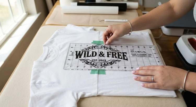 Centering heat transfer vinyl on a t-shirt using a ruler and alignment guides for precise HTV placement