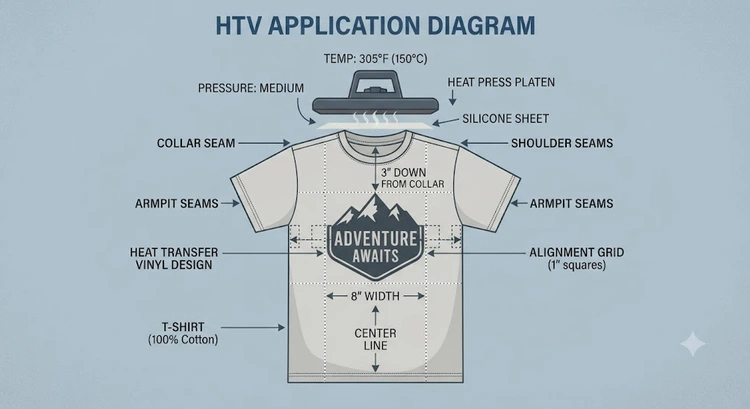 Infographic showing HTV placement measurements including chest center, collar drop distance, and design axis alignment on a t-shirt