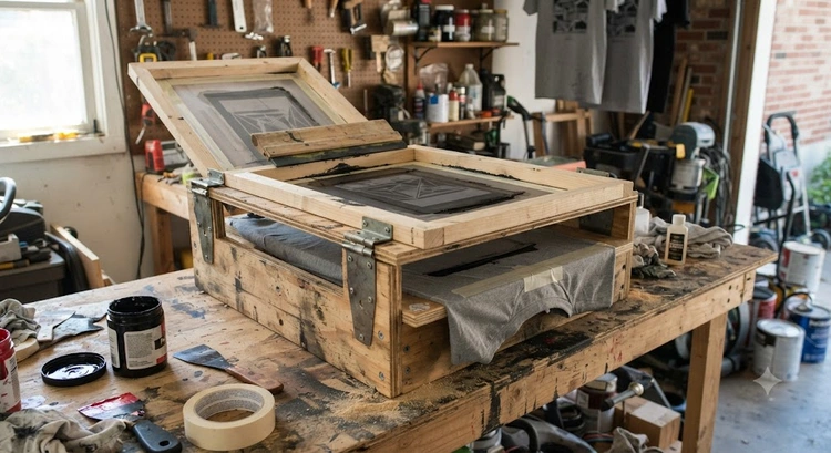 DIY screen printing press built from plywood, door hinges, and hardware store components