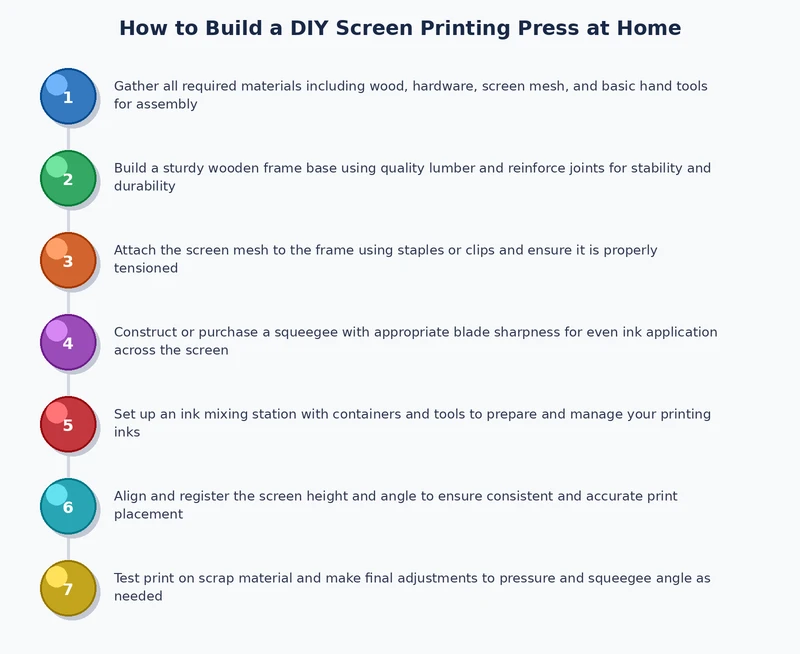 Step-by-step process diagram showing assembly stages of a DIY screen printing press
