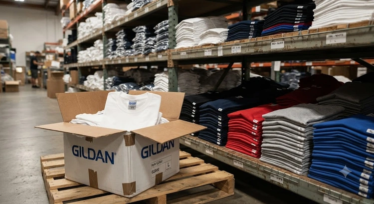 Wholesale blank t-shirts stacked by size and color, ready for screen printing production