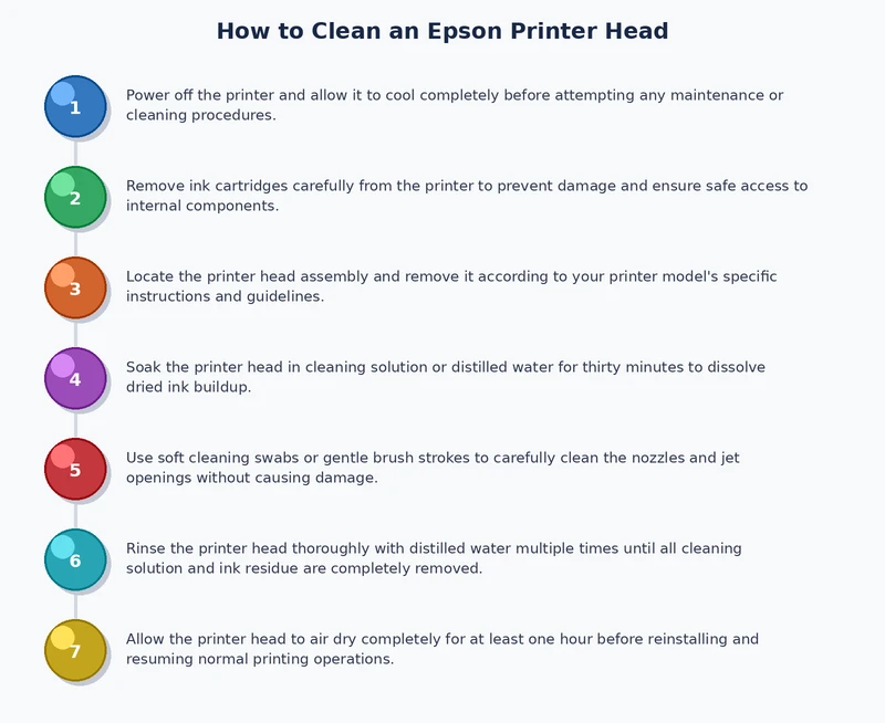 Step-by-step diagram of the manual Epson print head cleaning process using a syringe and silicone tubing
