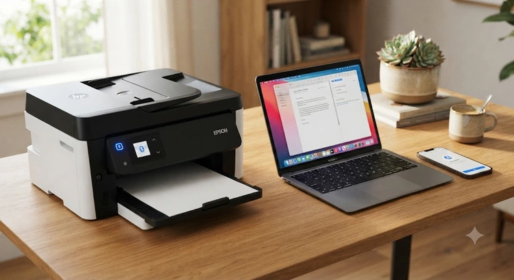 Connect a printer via Bluetooth — smartphone pairing screen next to a wireless inkjet printer