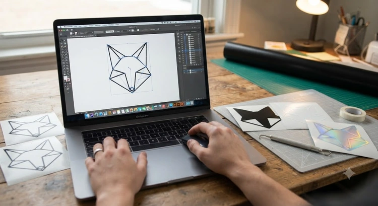 How to create SVG files for vinyl cutting shown on a monitor with a vinyl cutter ready beside the workspace