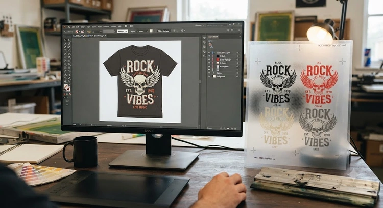vector design for screen printing with separated spot color layers open in Adobe Illustrator
