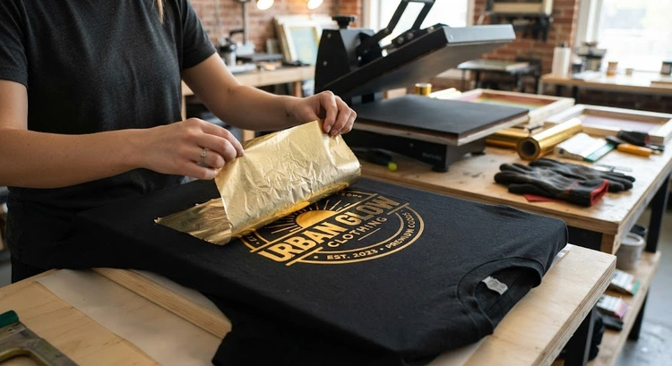 foil screen printing at home workspace with metallic foil sheets, adhesive ink, squeegee, and stretched screen frame