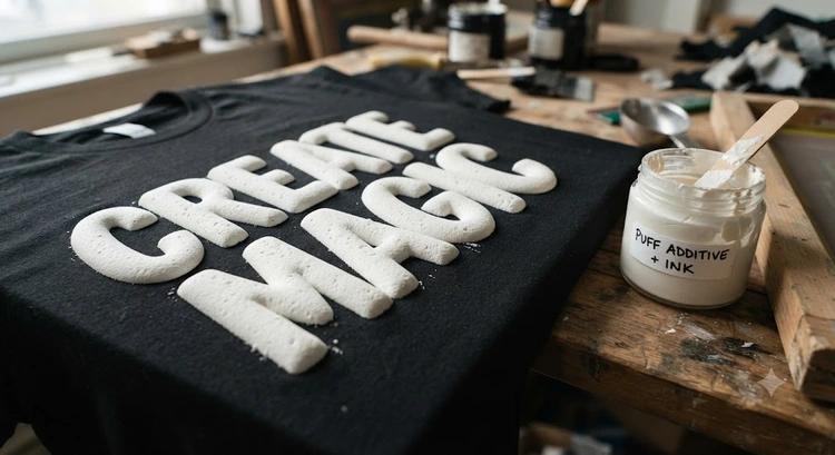 close-up of puff print t-shirts showing raised foam-like texture from activated puff ink additive