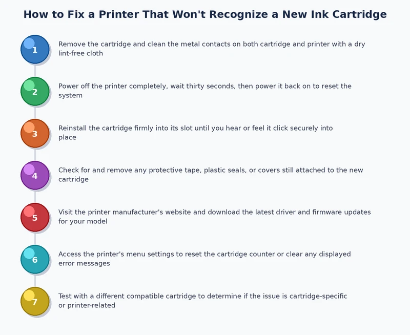 Diagnostic flowchart for resolving printer not recognizing new ink cartridge errors across HP, Epson, Canon, and Brother models