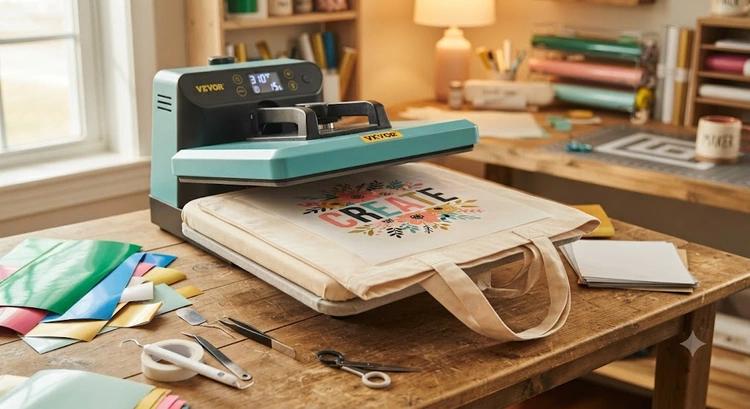 heat press on tote bags with HTV transfer applied to natural canvas