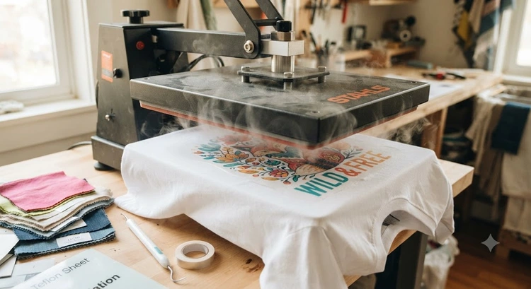 heat press on cotton fabric showing temperature and time settings for transfer application