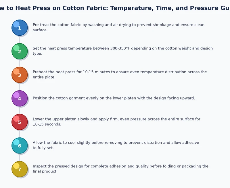 step-by-step process diagram for heat pressing on cotton fabric including pre-press moisture removal and transfer application