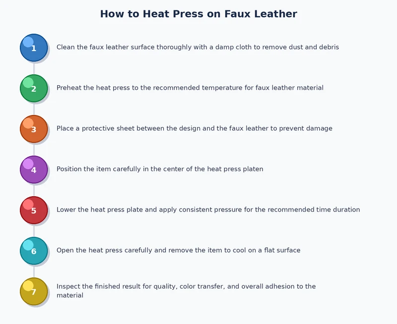 Process diagram showing heat press on faux leather steps from design prep to final warm peel