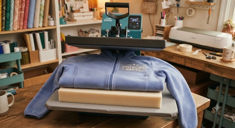 heat press on fleece fabric with Teflon cover sheet and foam pressing pillow protecting the pile