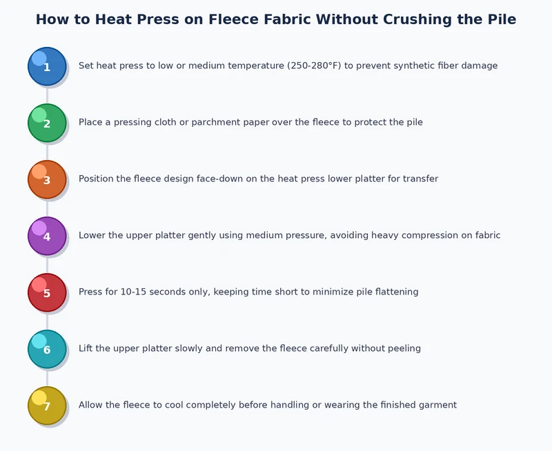step-by-step process diagram for heat press on fleece showing foam pillow placement Teflon cover sheet and press sequence