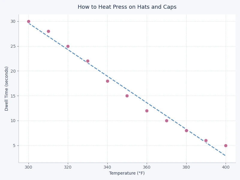chart comparing recommended temperature and dwell time settings for heat pressing different hat fabric types