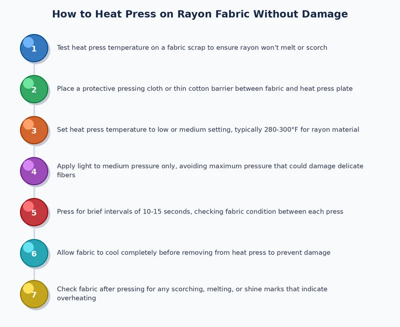 step-by-step process diagram for heat pressing on rayon fabric safely without scorching