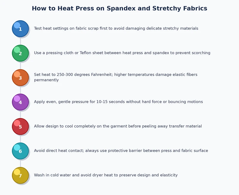 step-by-step process diagram for heat pressing stretch HTV onto spandex fabric with foam pad and Teflon sheet