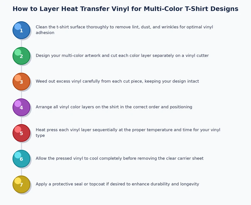 step-by-step process diagram for layering heat transfer vinyl colors showing cut weed position and press stages