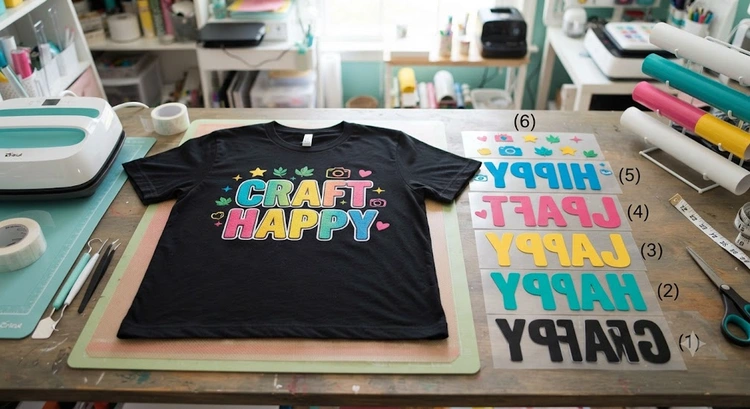 layering HTV vinyl multi-color design on a white t-shirt using a heat press
