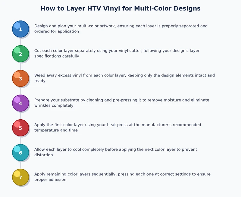 step-by-step process diagram showing the correct layering HTV vinyl sequence from design to final press