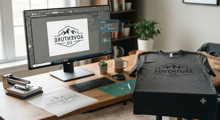 mirrored design printed on heat transfer paper showing reversed text before pressing onto fabric