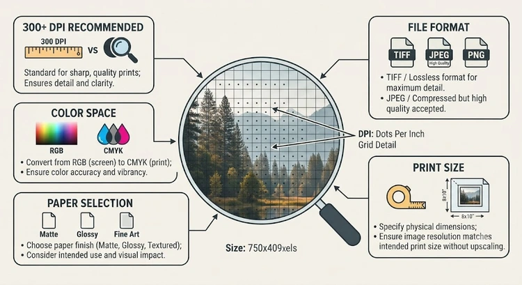 infographic showing the high resolution printing workflow from source file to final sharp photo output