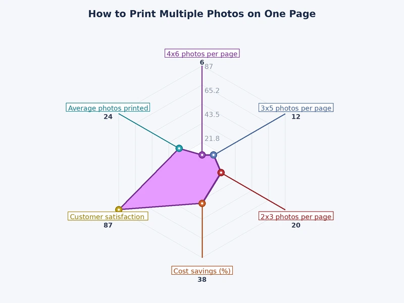 Bar chart comparing paper savings and image quality control across five multi-photo print methods