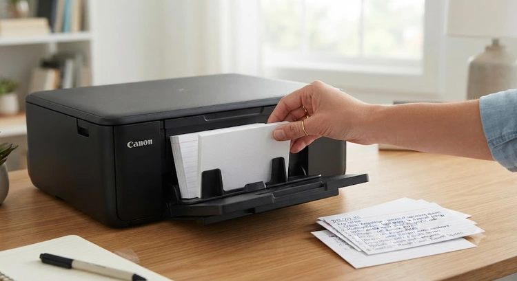 how to print on index cards — lined and blank index cards arranged beside an inkjet printer on a desk