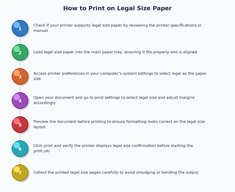 step-by-step process diagram showing how to print on legal size paper from driver setup to finished document