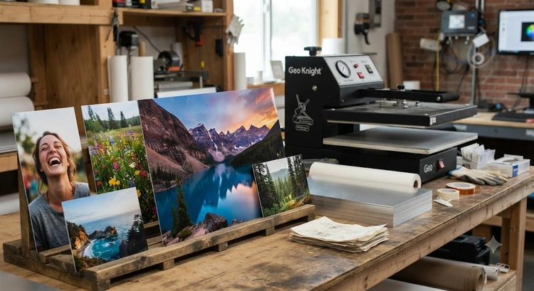 how to sublimate on aluminum sheets showing finished panels next to a heat press and sublimation transfer paper