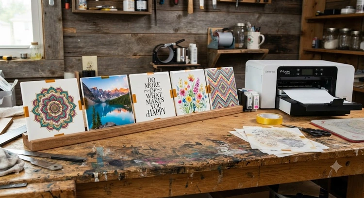 step-by-step guide showing how to sublimate on ceramic tiles using a flat heat press and sublimation transfer paper