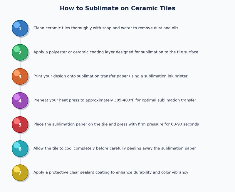 process diagram showing the ceramic tile sublimation workflow from design printing through heat pressing and cooling